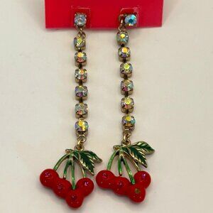 Betsey Johnson crystal Cherry Stud Dangle rhinestone Earrings NWT
